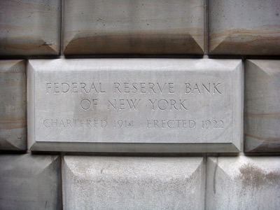A cornerstone is engraved with: Federal Reserve Bank of New York 
