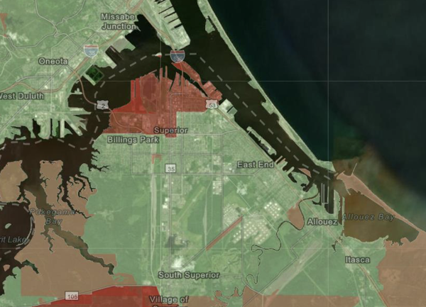 SuperiorConnect network map A map of Superior Wisconsin with sections filled in red to show phase 1 construction in northern part of city