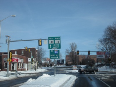 An intersection in Chicopee shows clear streets after a snowfall