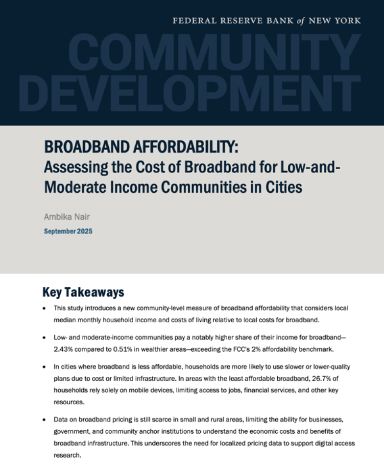 Coversheet of NY Fed Reserve Broadband Affordability Study