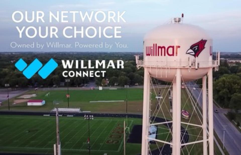 An aerial shot of Willmar MN water tower