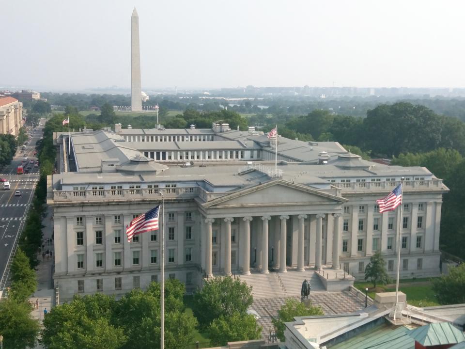 Aerial view of US Treasury building in Washington DC