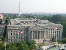 Aerial view of US Treasury building in Washington DC