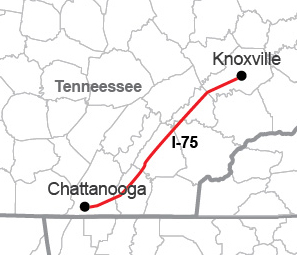 Map of Chattanooga and Knoxville